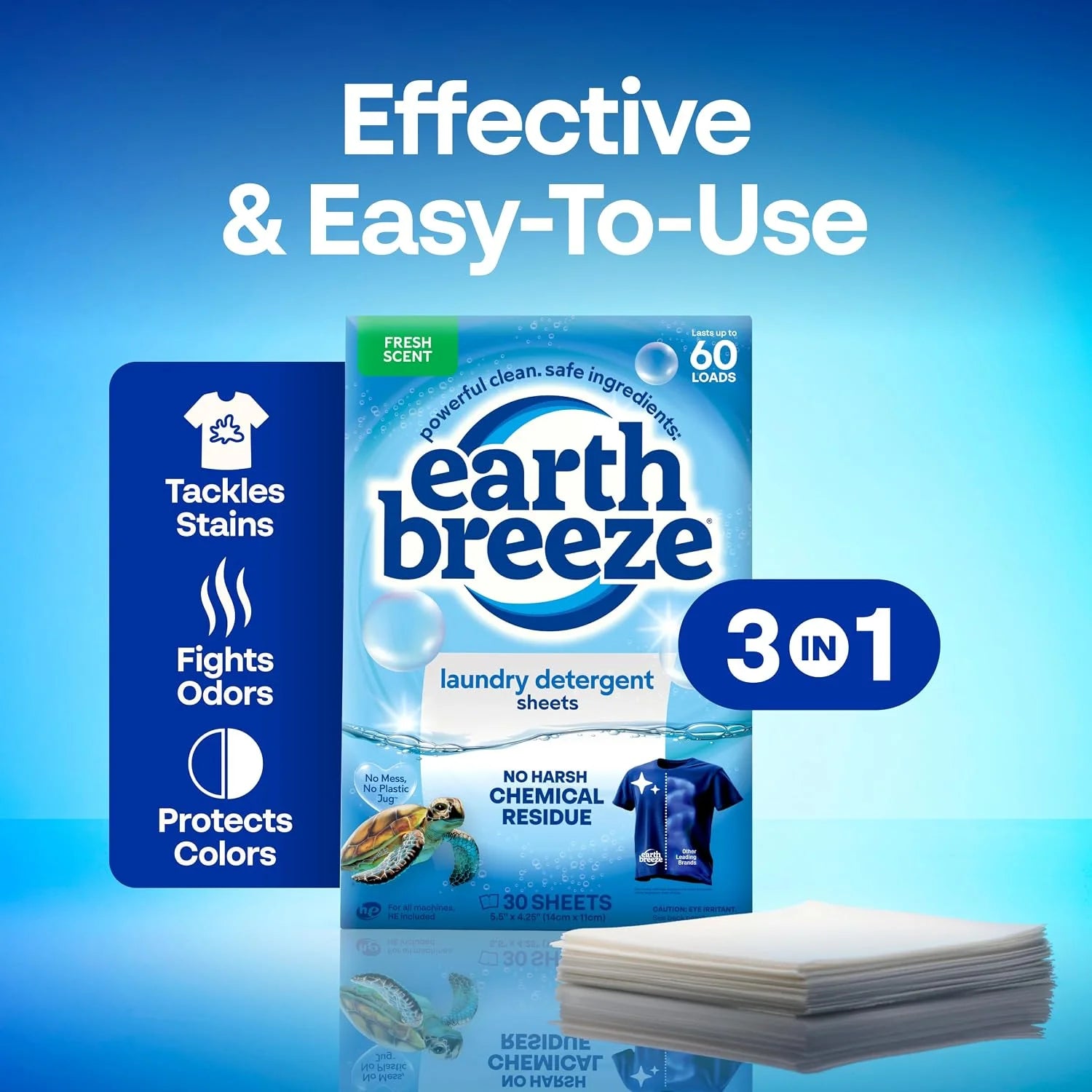 Earth Breeze Laundry Detergent Sheets Fresh Scent - 60 Loads per package. Eco Liquidless Soap - Travel-Friendly for Hot & Cold Cycles, Tackles Tough Stains & Odors - Gentle on Skin, 30 sheets (3 Pack)