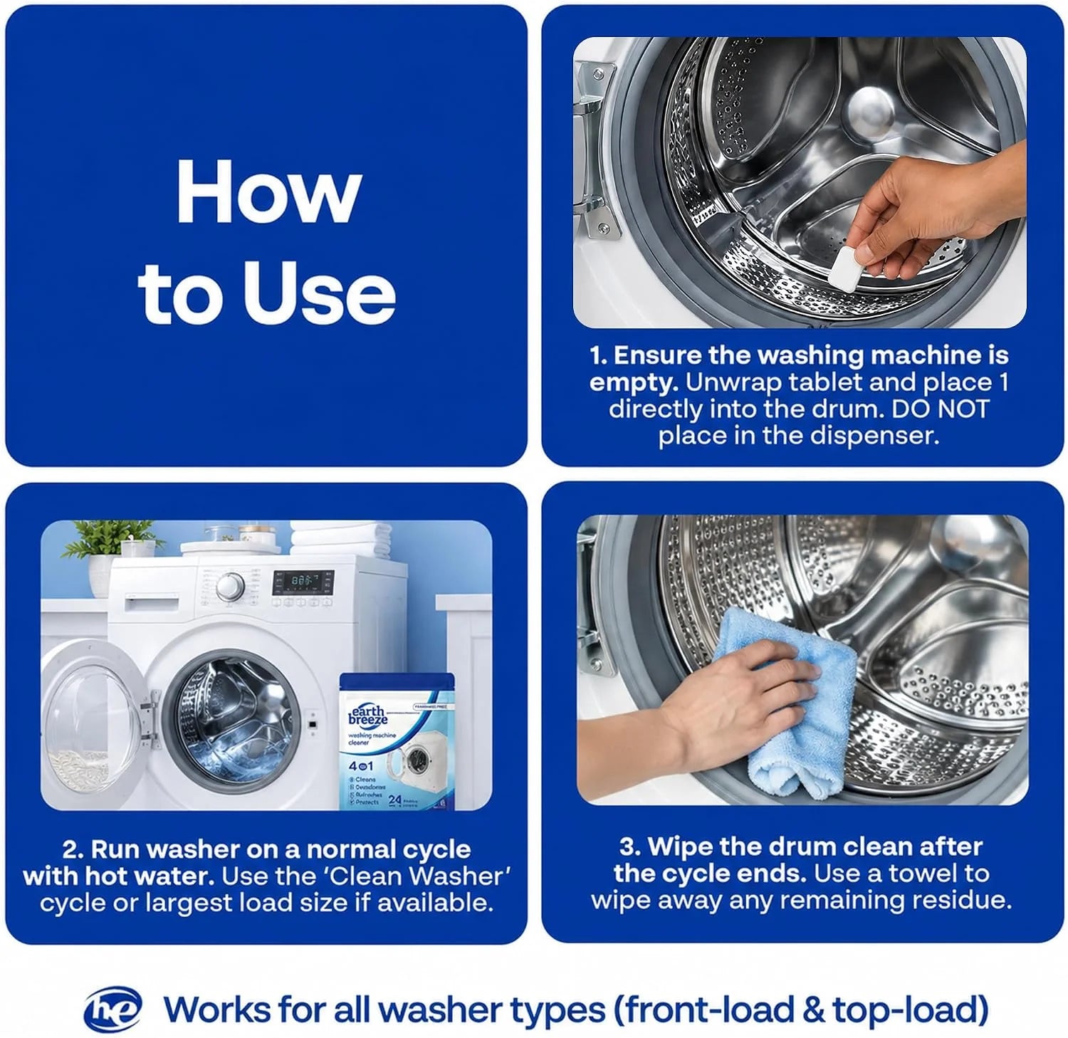 Earth Breeze Washing Machine Cleaner Tablets Fragrance-Free 1 Year Supply